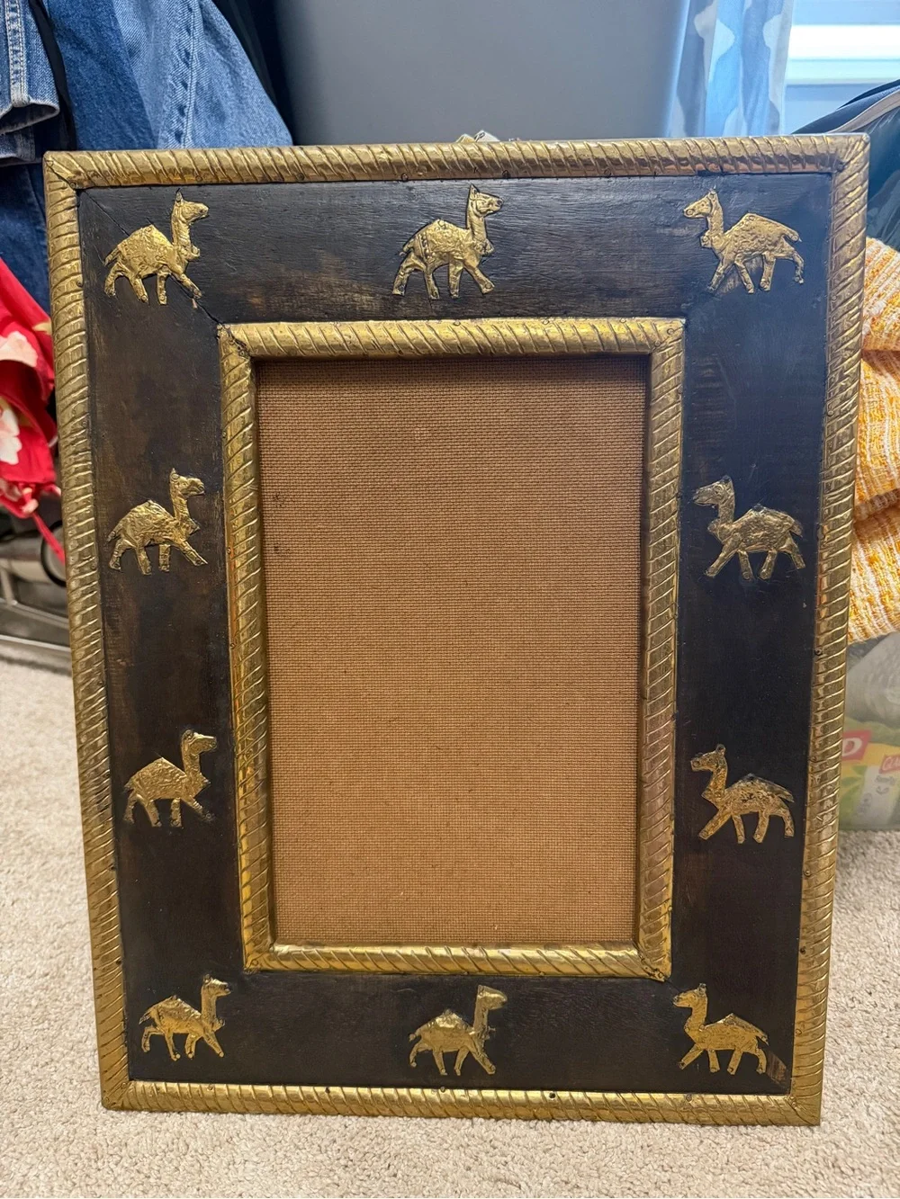 VTG Al Jaber Boho Gold Accent Dark Wood Photo Frame with Camels 14x18”